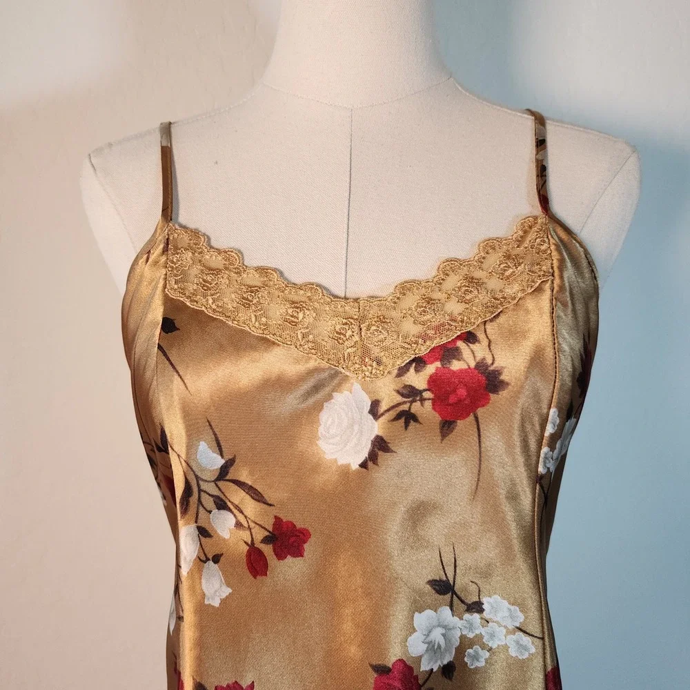 Private Luxuries Gold Floral Lace Trim Slip Dress -‎ Women's Size M